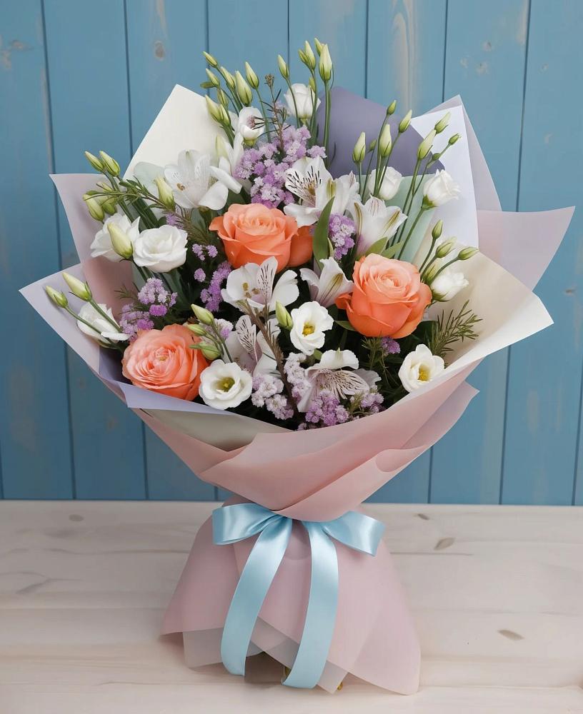 Букет цветов из: Лизиантусы, Розы, Альстромерии и Гипсофила в Зуе